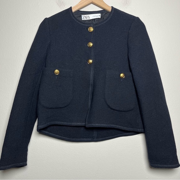 Zara Women Blogger Favorite Blazer Jacket XS Black Gold Crest Preppy Capsule - Picture 2 of 8